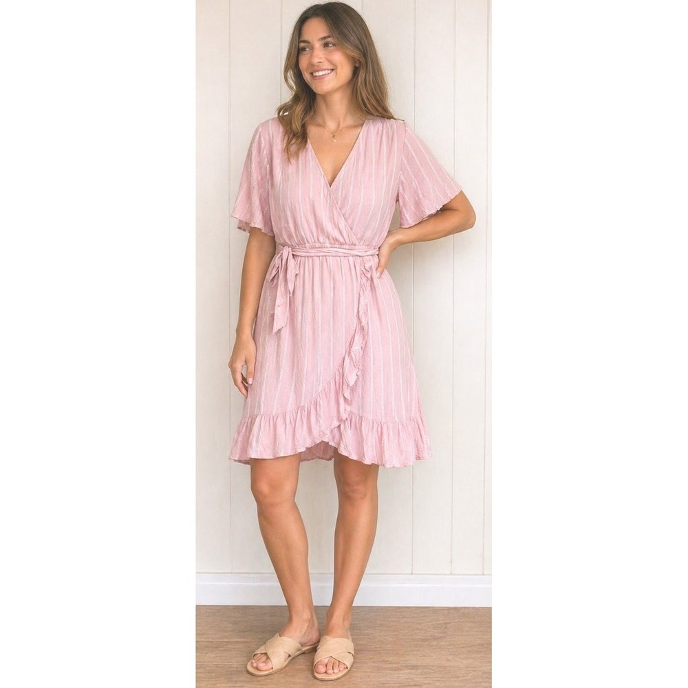 LC Lauren Conrad Pink White Striped Faux Wrap Ruffle Hem Dress L Flutter Sleeve